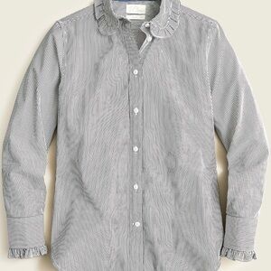 J. Crew Women’s Black and White Stripe Button-Down Shirt with Ruffle Details.